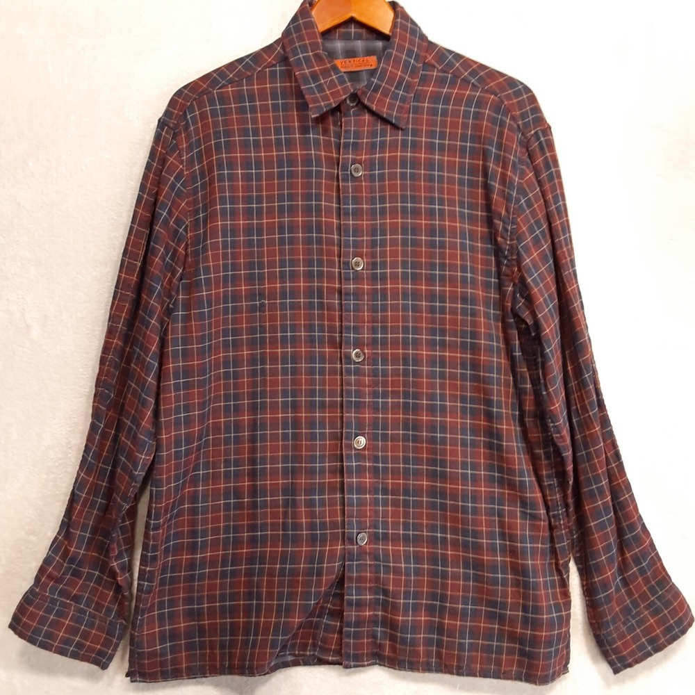 Robert Comstock-Vertical Mens LS Button Shirt Sz.M/Blud Plaid/Double Cloth/Knit